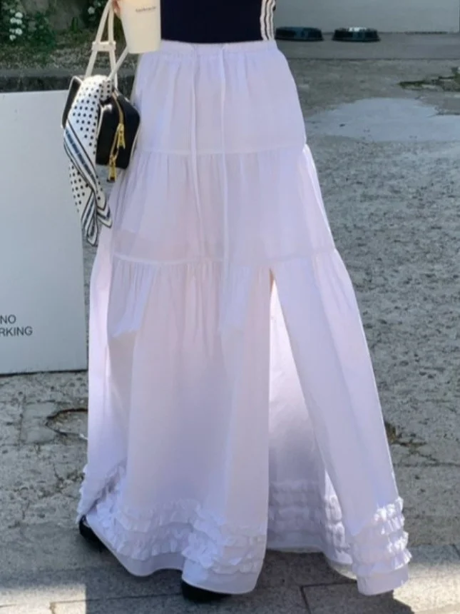 

Summer New Women's A-Line Midi Skirt with Slit And Patchwork Design Versatile Personali Wooden-d f-length Skirt