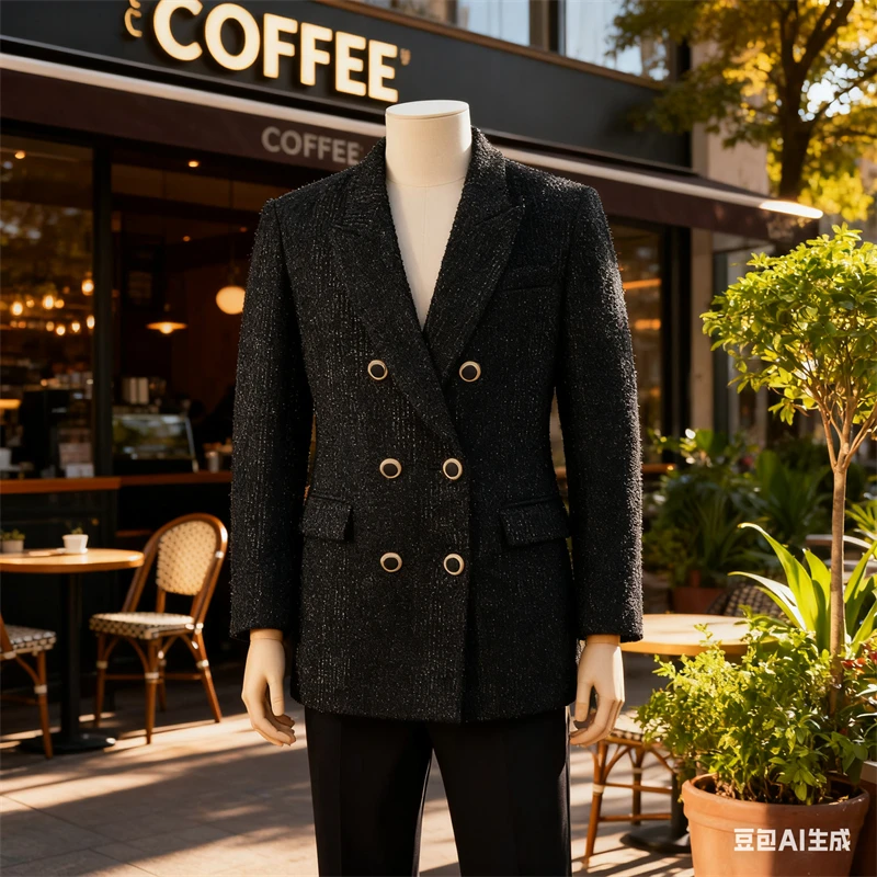 

Женский черный твидовый двубортный пиджак, блестящая твидовая длинная куртка, элегантная офисная одежда для трансграничной электронной коммерции
