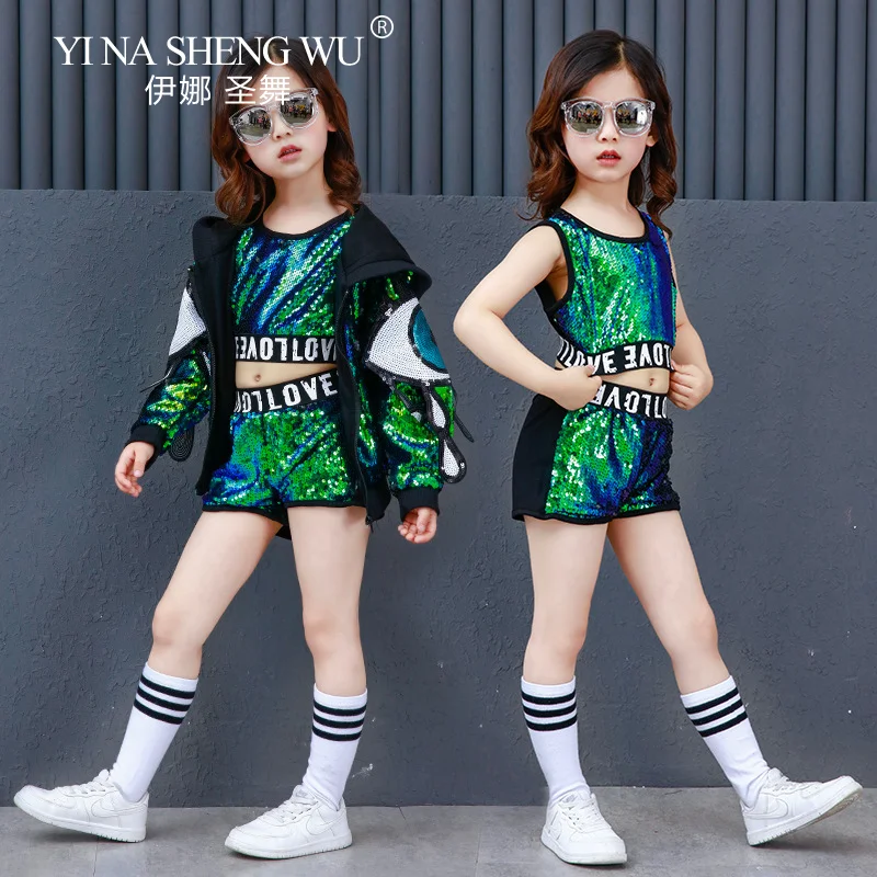 Neue Pailletten Jazz Dance Hip-hop Street Dance Set Kinder Modern Dance Auftritte Dunkelgrün Glänzende Pailletten Dance Outfit mädchen