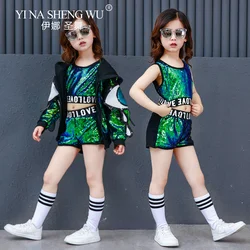 New Sequined Jazz Dance Hip-hop Street Dance Set Children Modern Dance Performances Dark Green Shiny Sequin Dance Outfit Girls