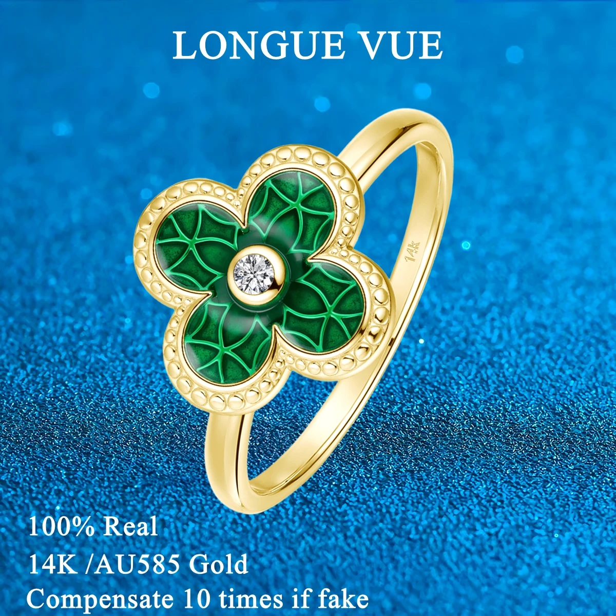 

Lucky Four Leaf Clover Rings For Women AU585 Gold 14K Cubic Zirconia Colour Enamel Finger Ring Fine Jewelry Christmas Gift