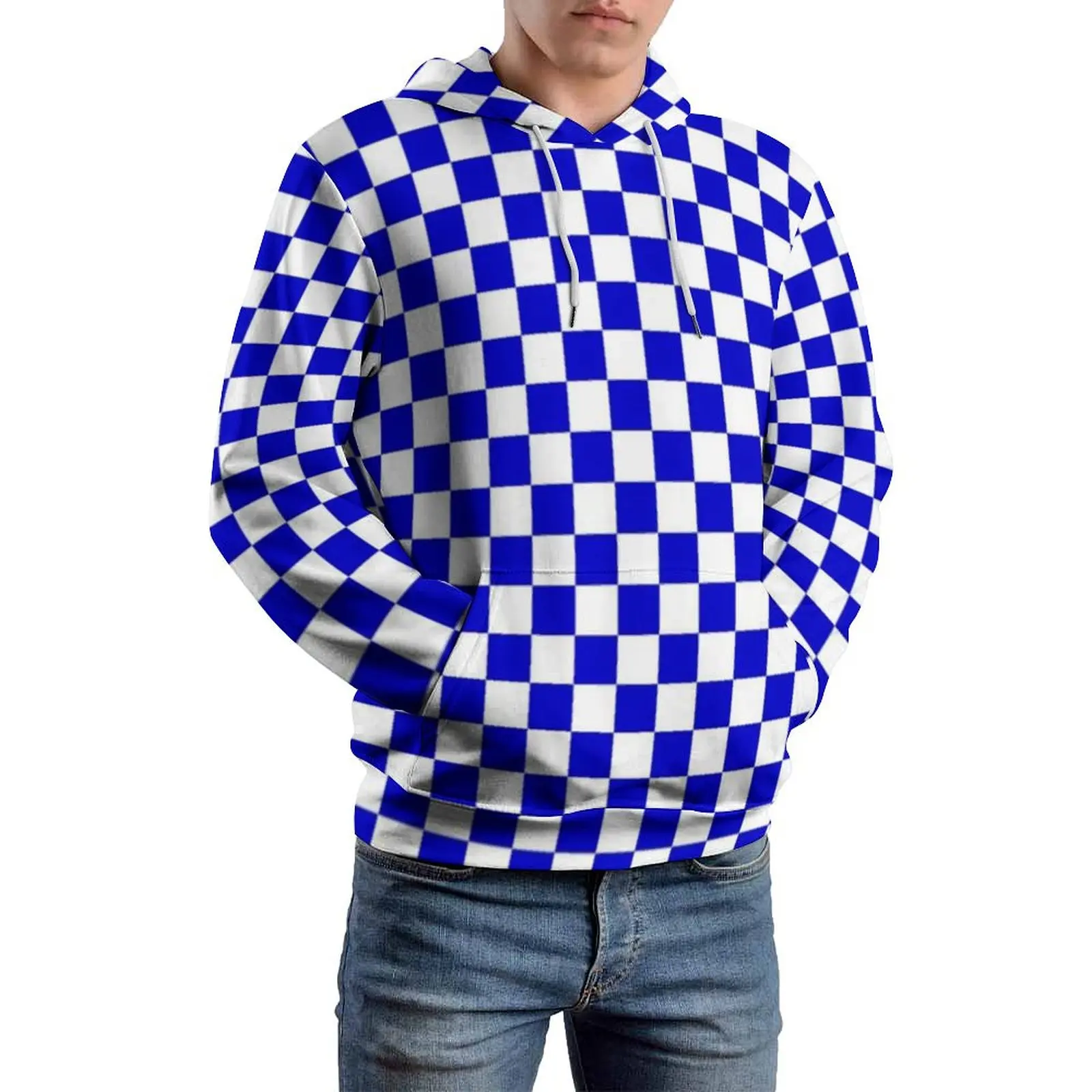 Checkerboard Pattern Loose Hoodies Blue and White Checker Casual Pullover Hoodie Man Long Sleeve Sweatshirts Plus Size 5XL 6XL