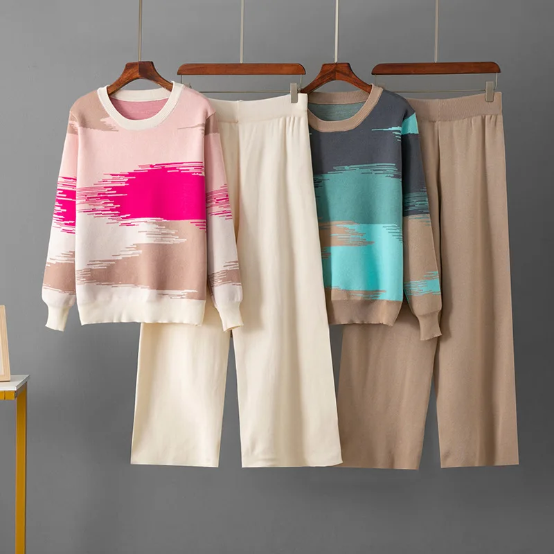 

Осень и зима, новый свободный вязаный свитер, модный темпераментный топ, утягивающие повседневные брюки, комплект из двух предметов