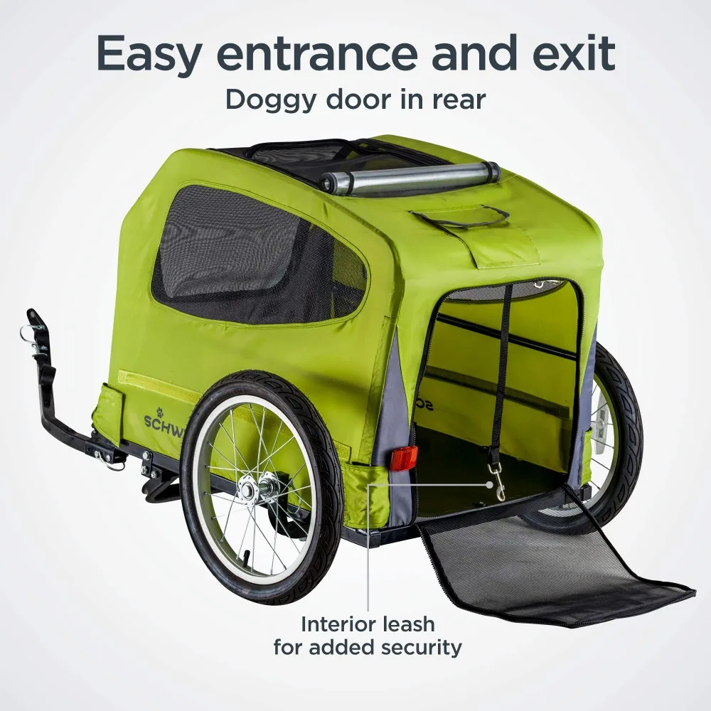 Dog Trailer, Carrier for Small and Large Pets, Easy Folding Cart Frame, Quick Release Wheel, Universal Bicycle Coupler-Green