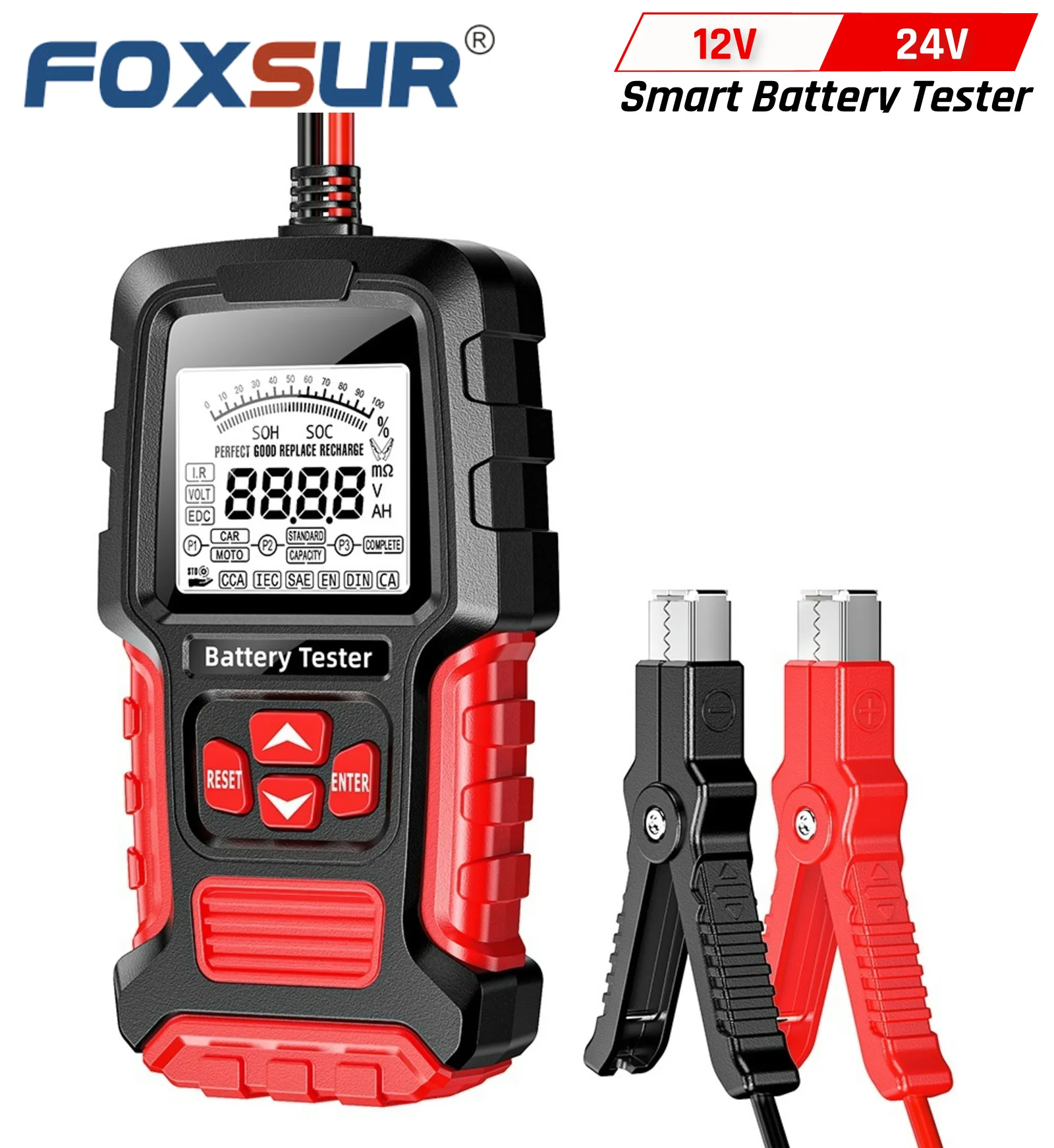 FOXSUR 12V 24V Smart Car Battery Tester Motocycle Battery Analyzer SOH SOC CCA IR Digital Test Tool for Truck SUV Boat with LCD