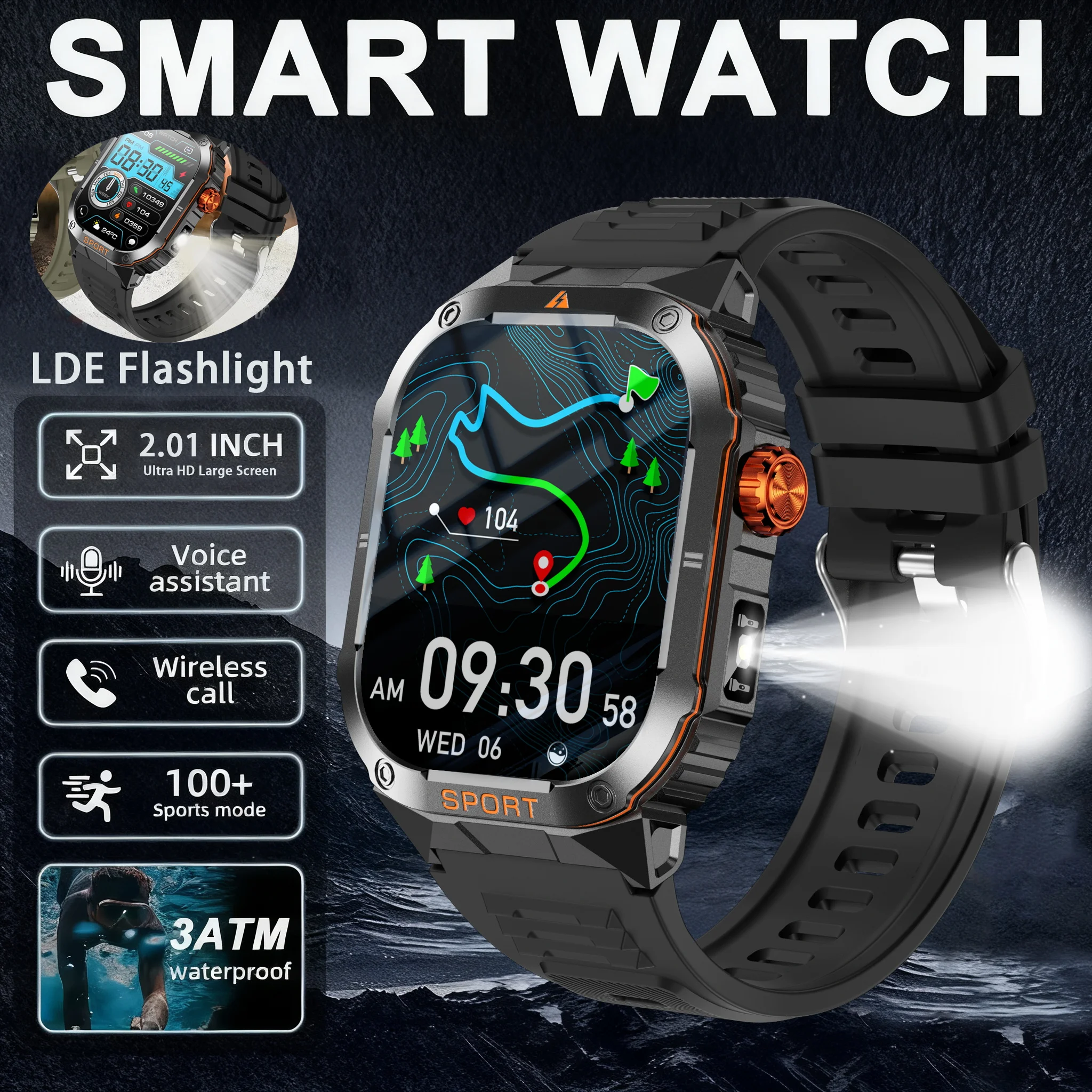 

2025 New Military 2.01 inch Smart Watch 350 Mah Battery trace 3ATM Waterproof Tactics Sport Flashlight call Smart Watch Men