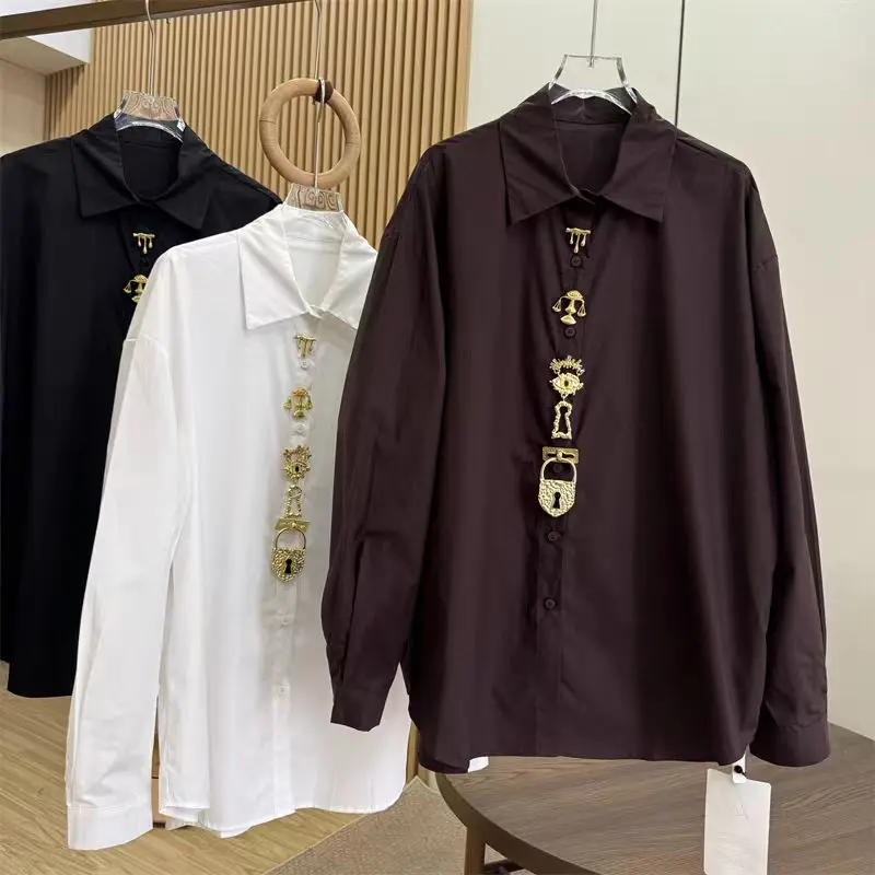 

Элитные уникальные дизайнерские блузки и рубашки из хлопка с длинным рукавом для женщин, весна-осень-лето 2026, повседневный шик, женская одежда
