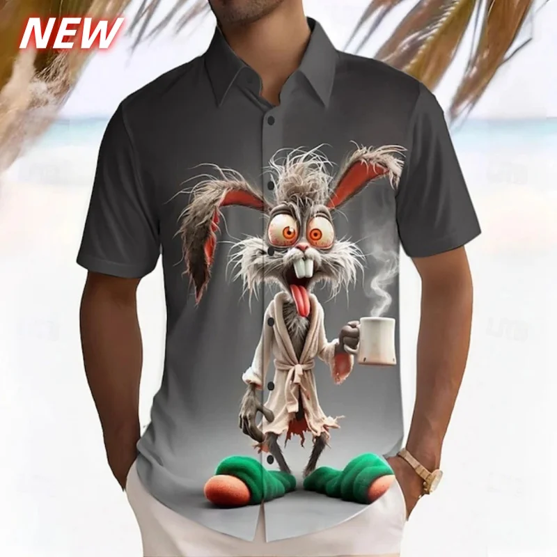 

Rabbit Dolphin Pattern Hawaiian Shirt Men Chicken 3D Printed Short Sleeve Blouse Casual Vacation Beach Button Loose Aloha Shirts