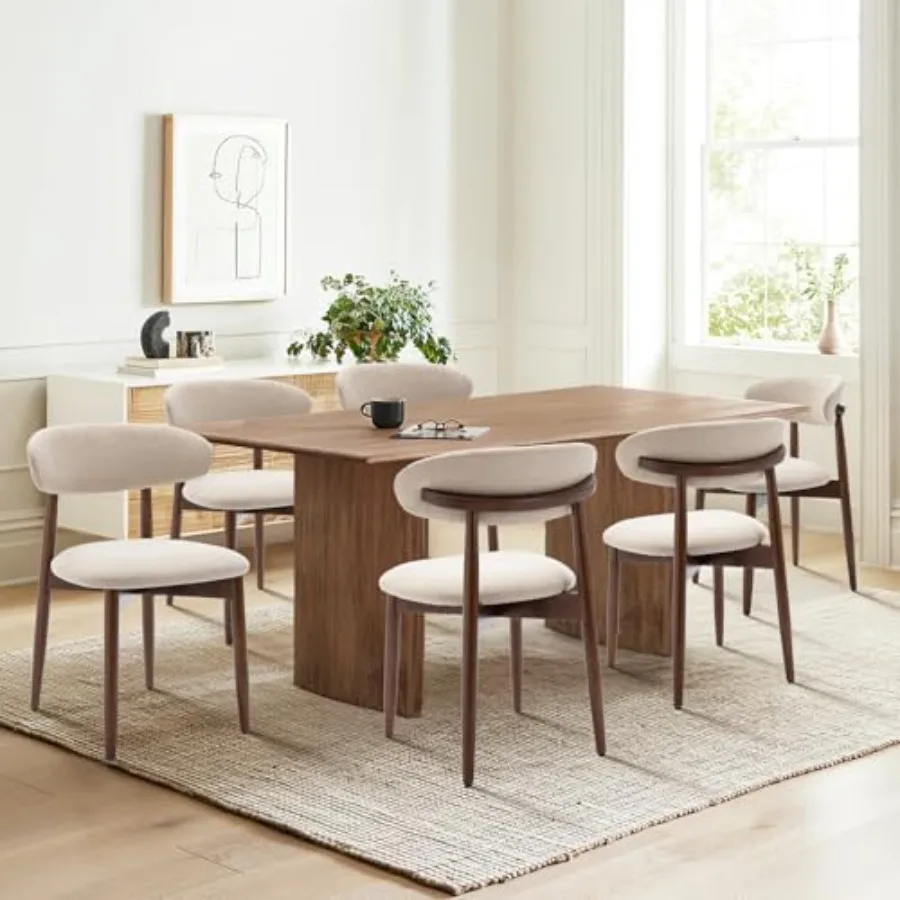 

Wooden dining chairs for modern farmhouse kitchens, upholstered in fabric, beige color, with sturdy foot pegs for enhanced stab
