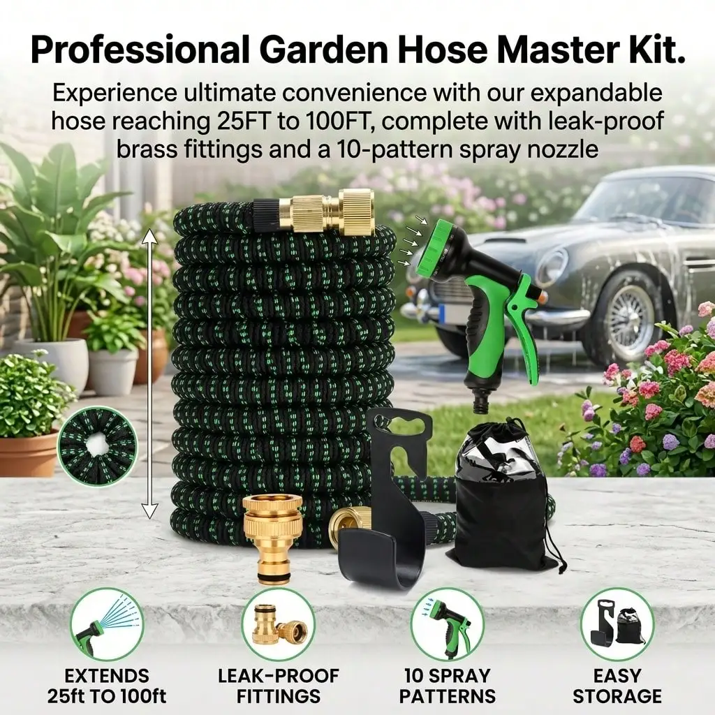 25/50/75/100 FT Heavy Duty Garden Rubber Hose with 10 Function Nozzle, Super Strong Durable Water Hose with Solid Brass Fittings, Outdoor Watering Hose for Garden Car Wash Courtyard and Pet Shower