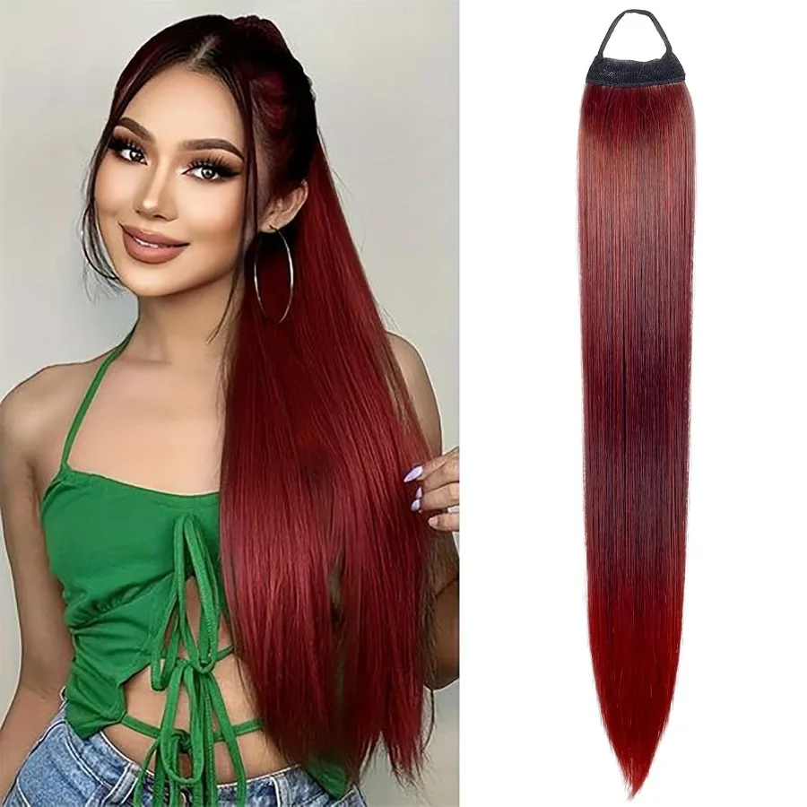 28インチのロングポニーテールエクステ、ヘアタイ付き、オンブレレッドヤキストレートポニーテール、太い編み込みヘアポニーテール、ナチュラルフェイクポニーテール