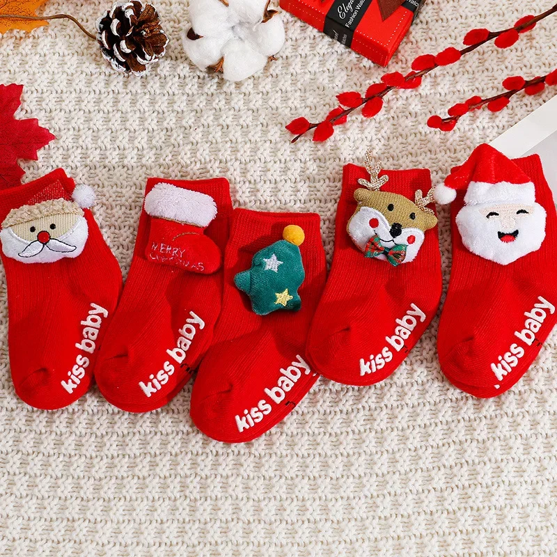 Baby Red Christmas Socks Cute Cartoon Santa Claus Xmas Tree Elk Floor Socks for Infant Winter Warm Knitted Socks