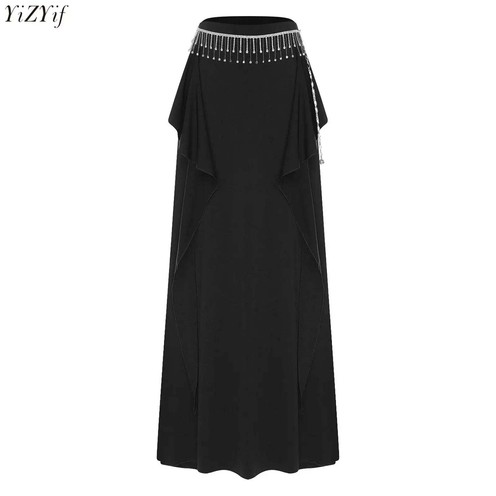

Womens Belly Dance Skirt Shiny Rhinestone Fringe Waist Chain Cascading Ruffles Side Slit Skirt for Oriental Dance Folk Dancewear