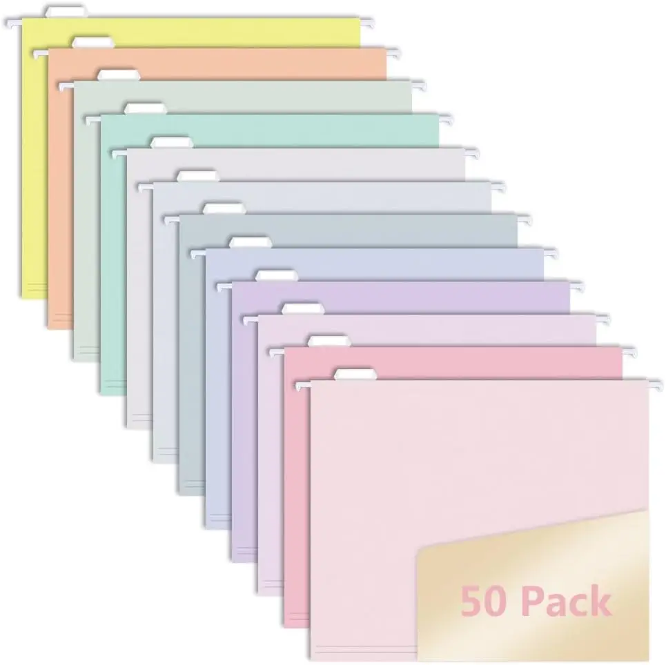 

50pcs Pastel Hanging File Folders, Letter Size with Adjustable Tabs, 12 Styles for Drawer Desk Cabinet