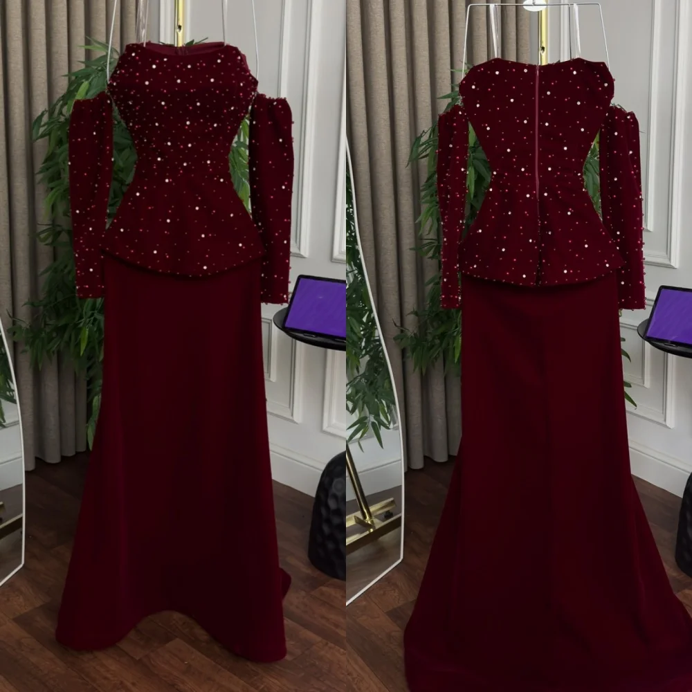 Sukienki na zamówienie w stylu chińskim, welurowe, z perłowymi plisami, syreni krój, odkryte ramiona, długie, na specjalne okazje, quinceañera, proste.