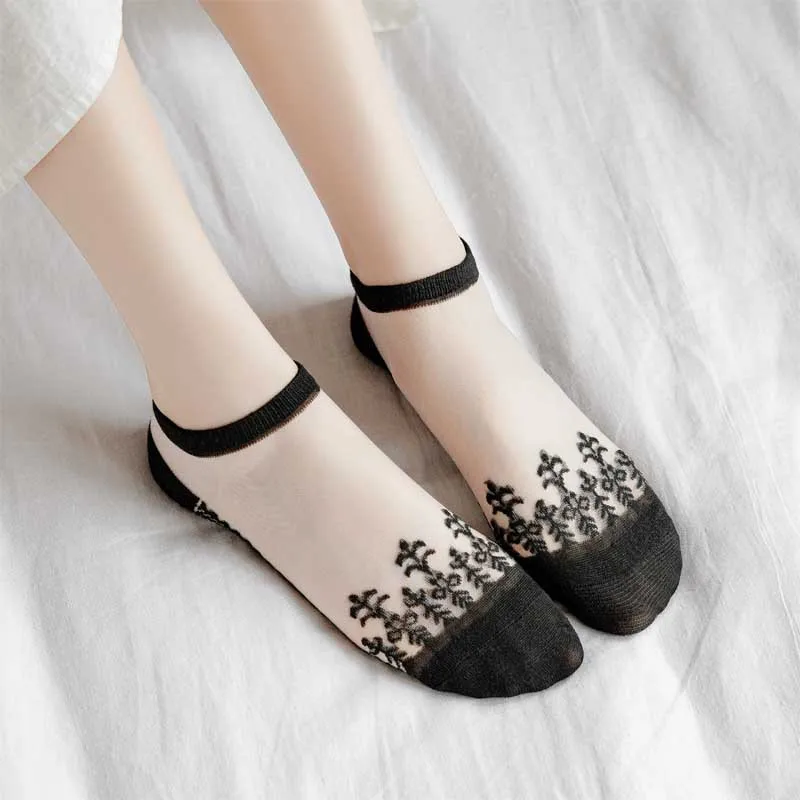 Summer New Trendy Glass Silk Thin Short Socks Transparent Crystal Silk Socks Women Color Block Boat Socks