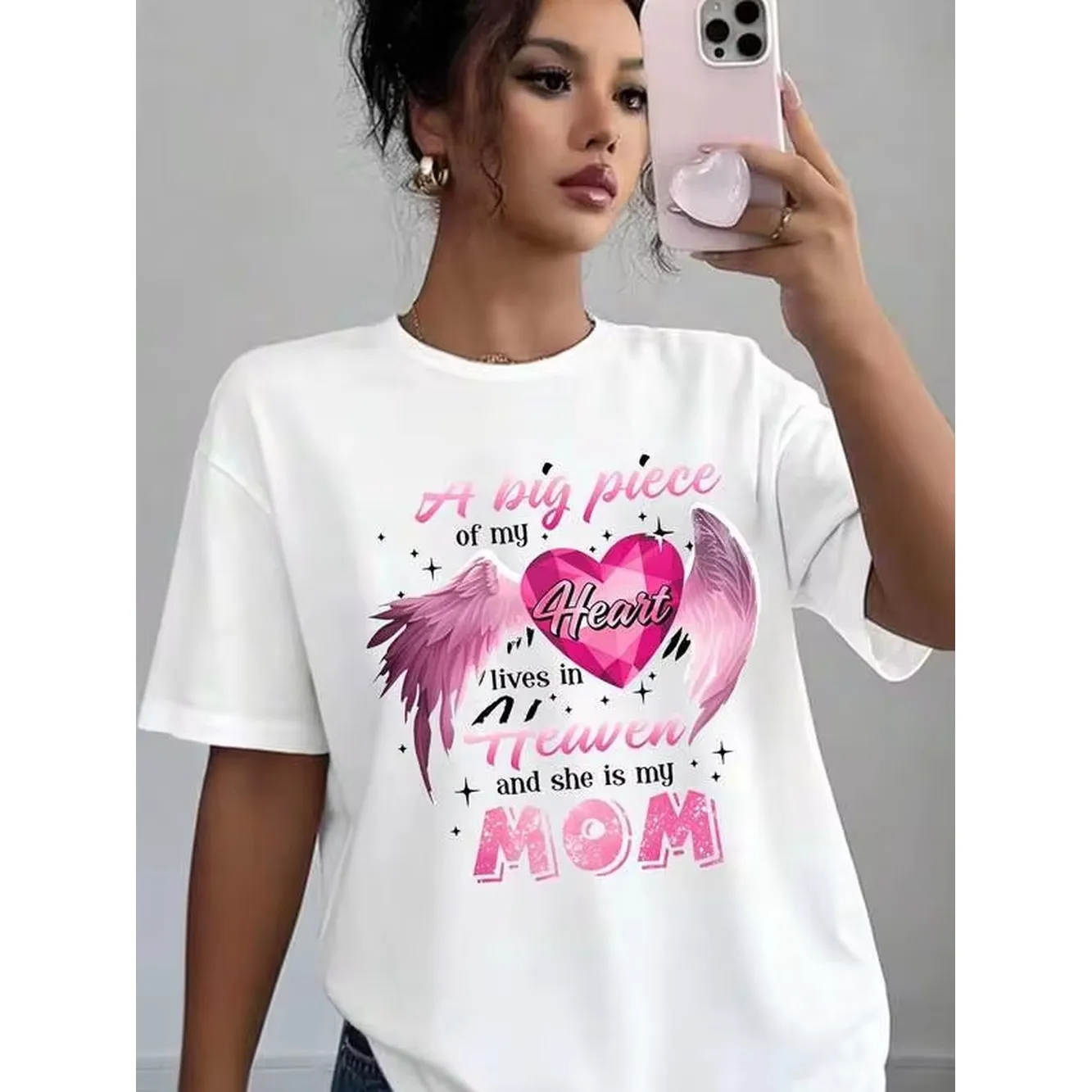 A Big Piece Of My Heart Lives In Heaven And She Is My Mom Graphic Tee Women Casual Top Soft Comfortable Mother's Day Gift