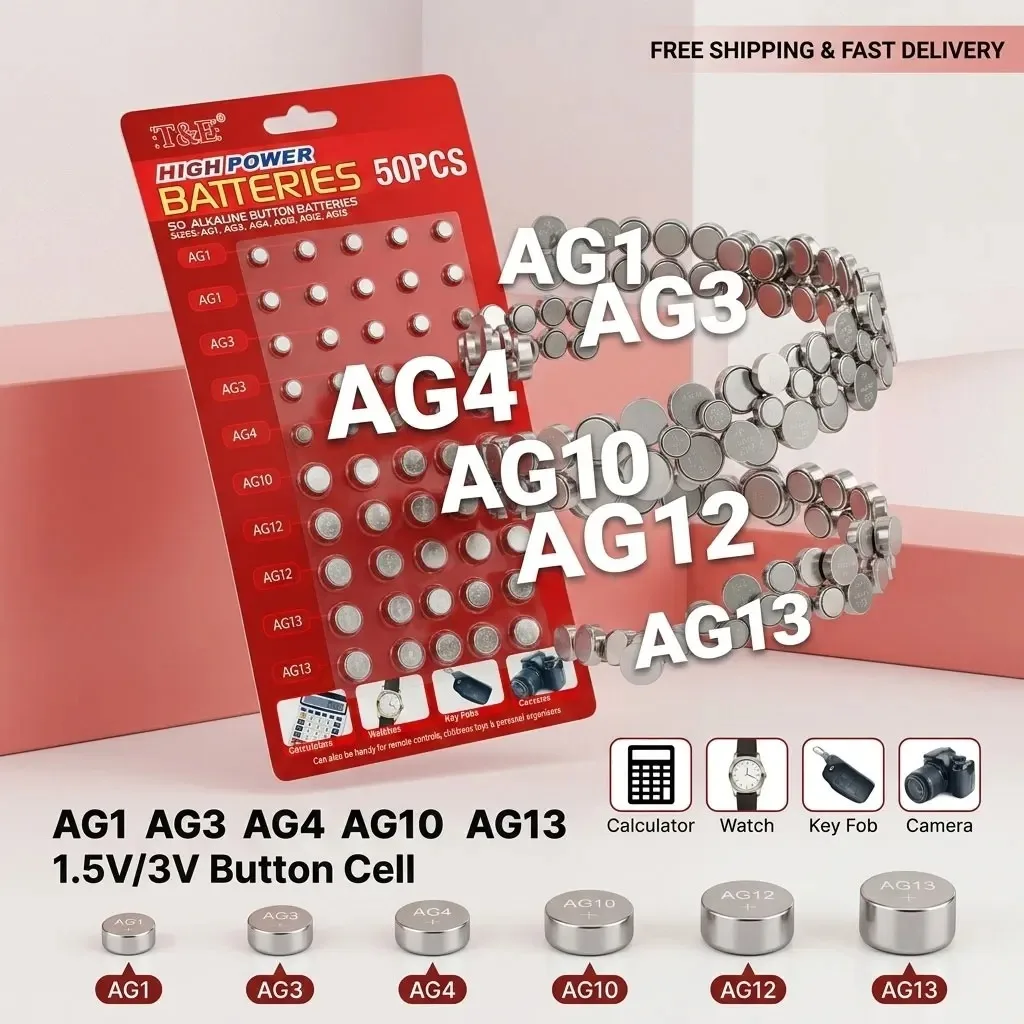 50PCS/Card 1.5V/3V AG13 LR44 L AG1 AG3 AG4 AG10 AG12 SR44 Button Batteries A76 LR1154 GP7 Coin Cell for Watch Toys Remote