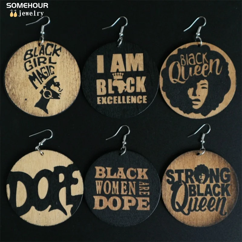 SOMEHOUR Black Queen Engraved African Wooden Drop Earrings For Women Gifts Dope Girl God Blessed Sayings Wood Dangle Accessory