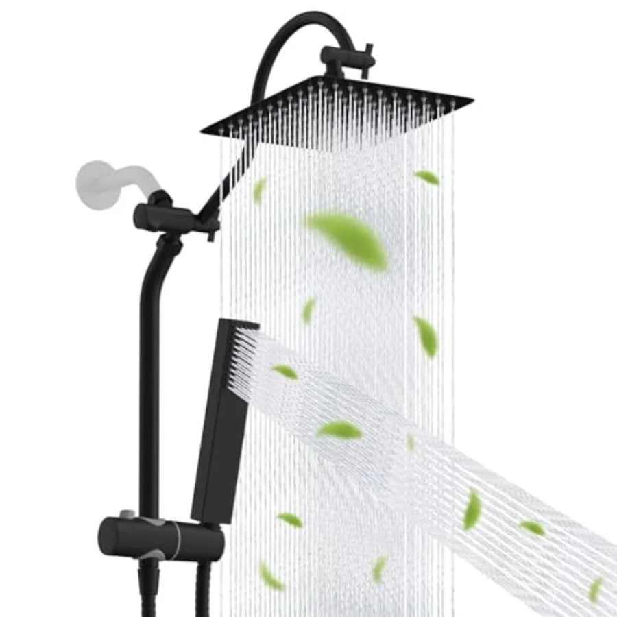 

High Pressure 10'' Rainfall Shower Head Combo for Bathroom, Matte Black ABS Stainless Steel, 4-mode Handheld Spray, 12'' Adjust