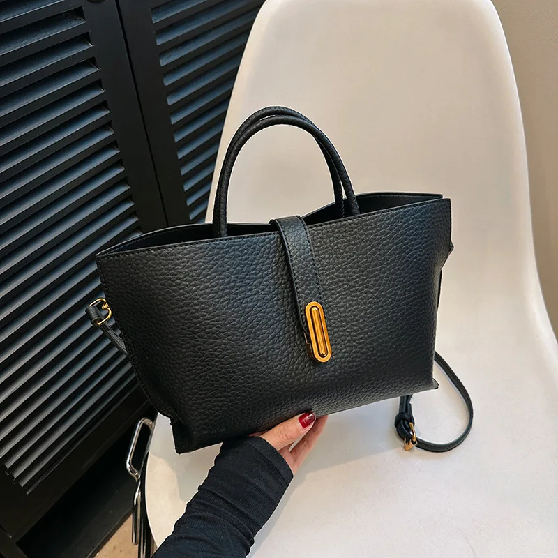 

Black French Soft Leather Handbags for Women Spring Summer Large Capacity Commuter Bucket Bags Fashion 2-Piece Composite Bag