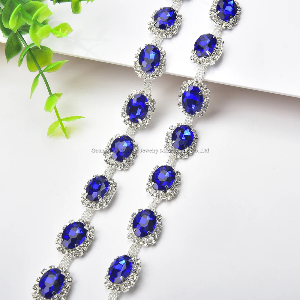 1 Yard Royal Blue Glitter Rhinestone Trim Silver Gold Base Crystal Flower Metal Cup Chain Sew on Bridal Outfit Shoes Accessories