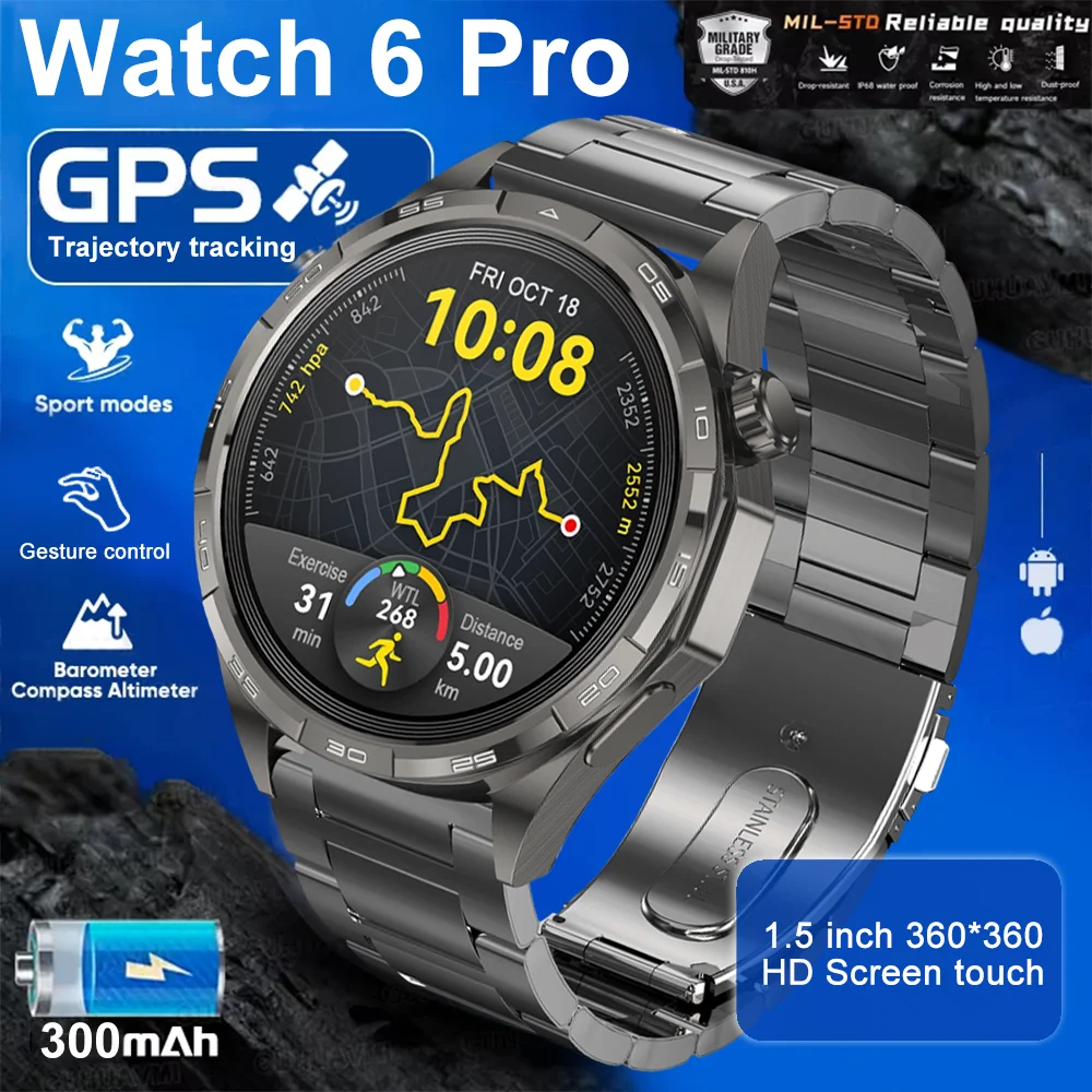 Watch 6 PRO Smart Watch Men Women AMOLED Screen Bluetooth Call GPS Trajectory NFC Heart Rate Compass SmartWatch Christmas Gift