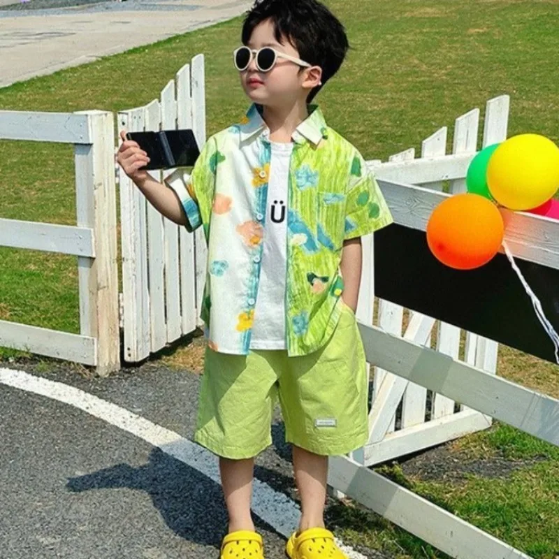 

Детская гавайская рубашка с коротким рукавом, легкая, для летнего отдыха, пляжная одежда, костюм для мальчиков