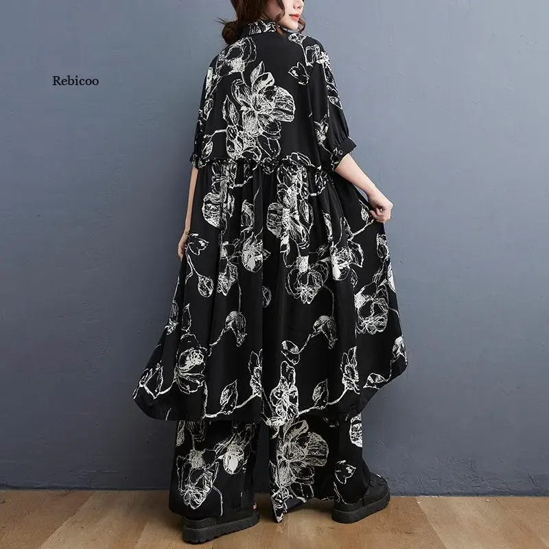 2022 Vintage Printed Suit Summer Large Size Women's Clothing Loose Fashion Shirt Dress Casual Wide Leg Pants Two Piece Set