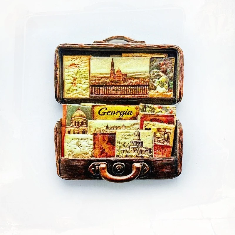 Imán de nevera Georgia - Encantador recuerdo de maleta vintage 3D Regalo de viaje caucásico único para amantes de la aventura y decoración del hogar