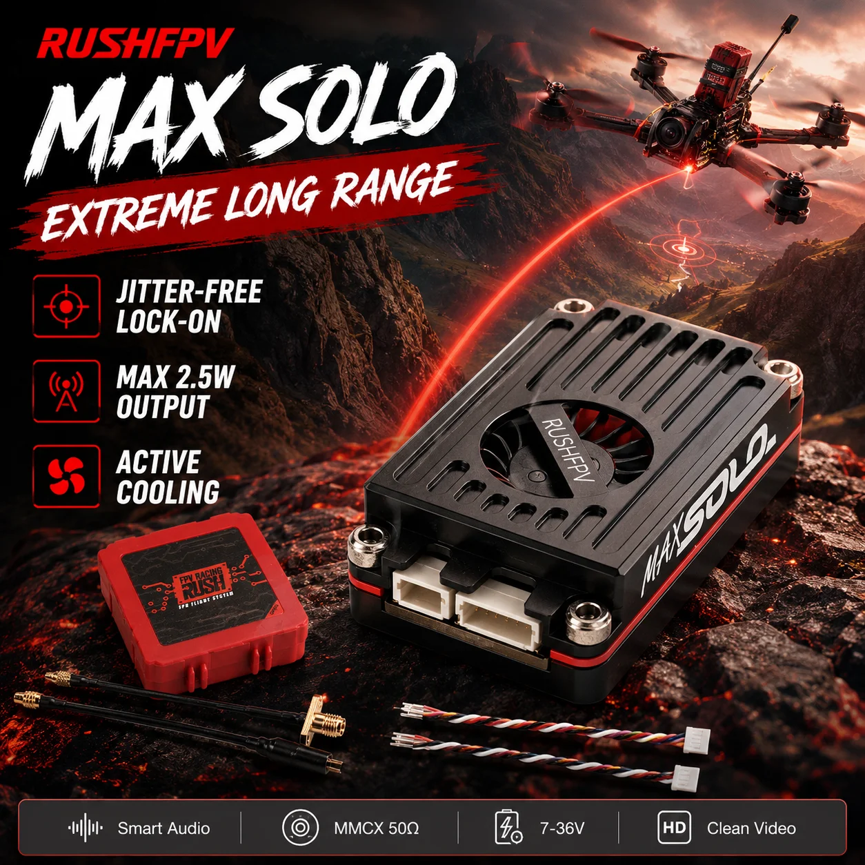 RUSHFPV CNC Shell MAX SOLO 5.8GHz 2.5W VTX 48CH Video Transmitter with Cooling Fan For RC FPV Freestyle Long Range Drone Parts
