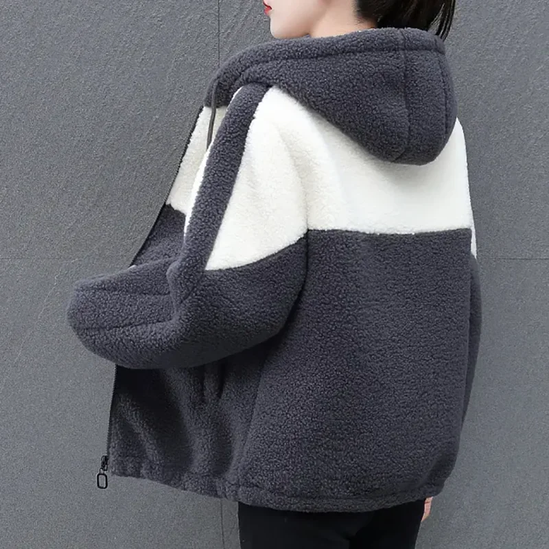 Women's Lamb Wool Hooded Jacket Casual Thickened Sweatshirt Loose Warm Particles Velvet Hoodie Outwear Fashion Autumn Winter Ne
