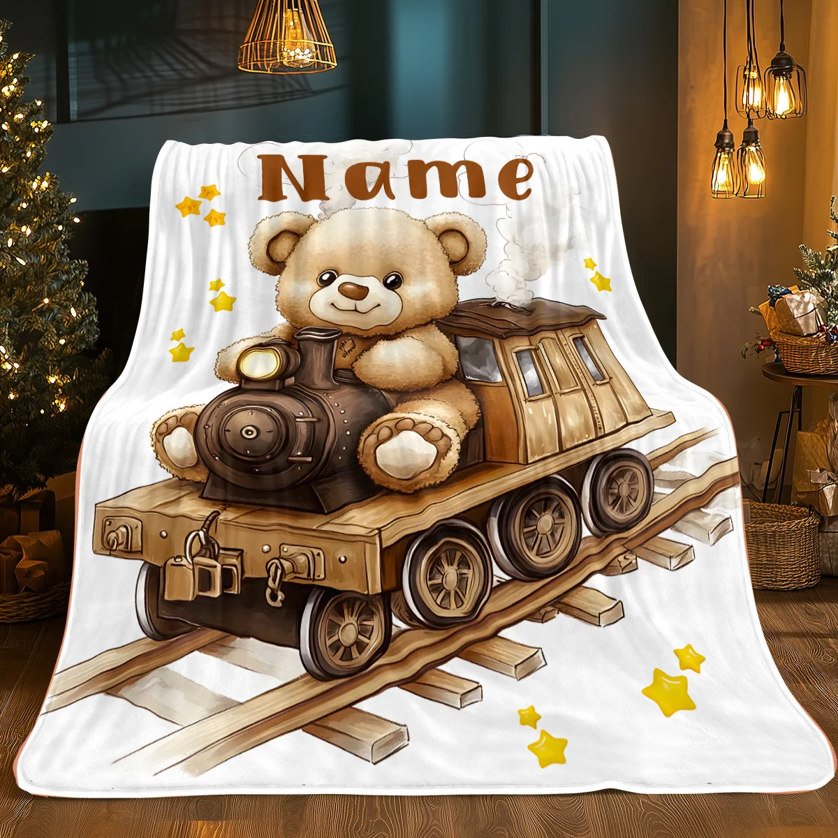 بطانية فلانيل مخصصة على شكل قطار الدب - رمي ناعم وخفيف الوزن مع اسم مخصص - تصميم قطار عتيق مع نجوم - مثالي