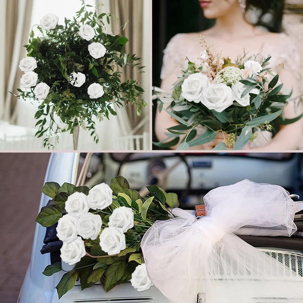 Fiori finti in schiuma di rose bianche artificiali con foglie per bouquet da sposa fai da te, addio al nubilato e decorazioni centrotavola