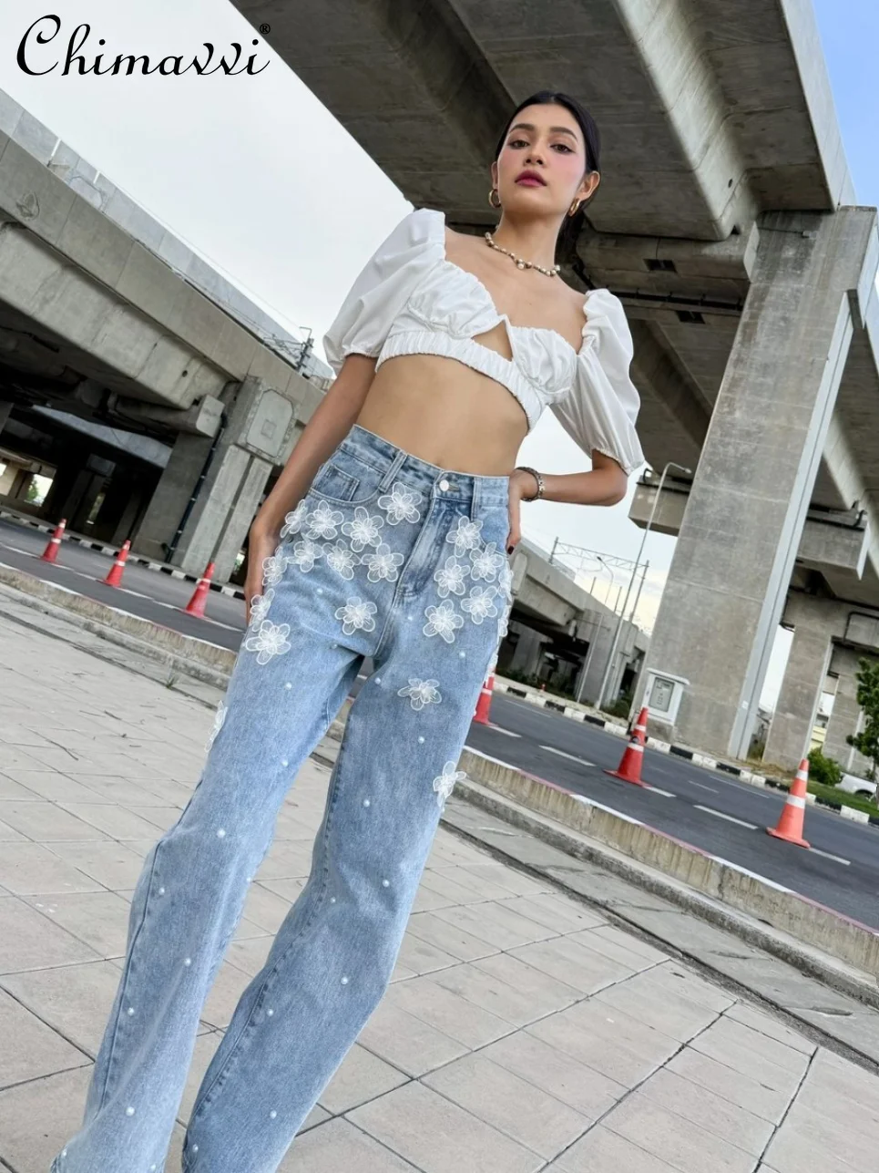 

Fashion Lace Stitching American Casual Pearl Straight-Leg Pants Women's High Waist Slimming and Wide Leg Mopping Denim Pants