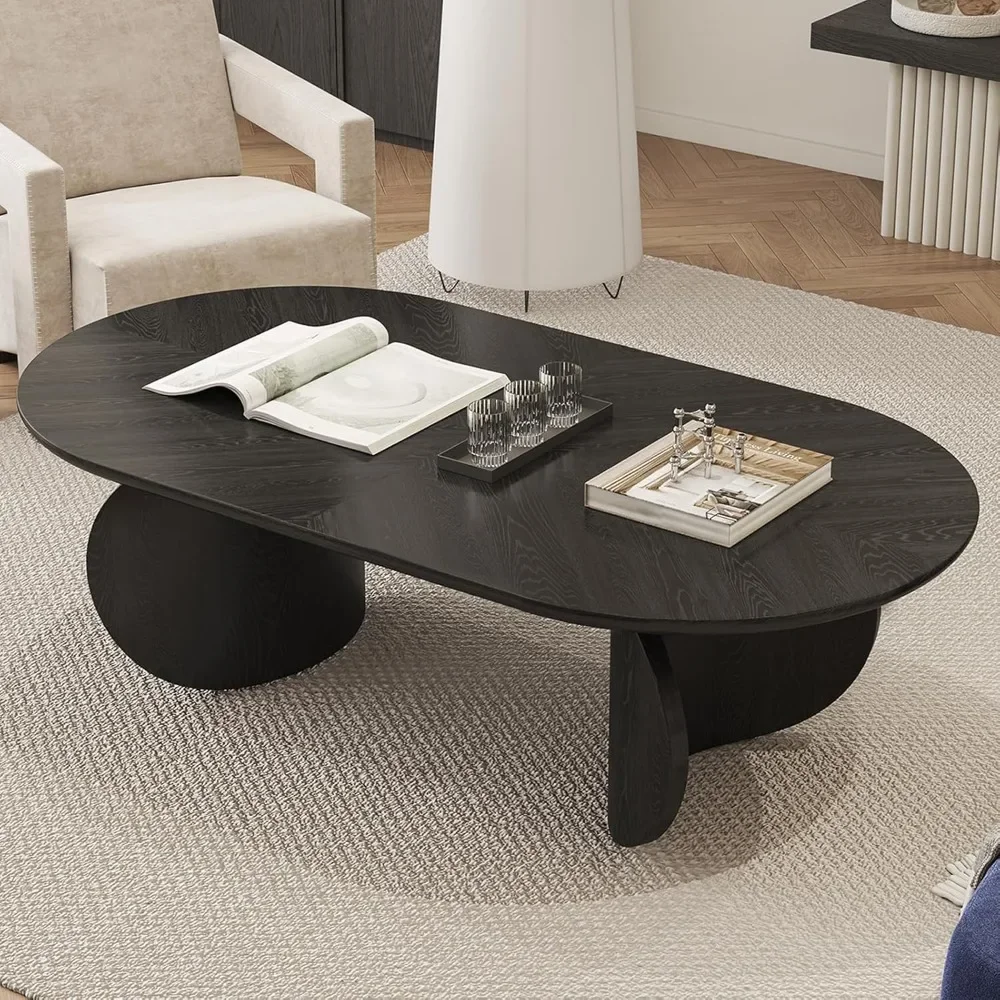 Mesa de centro ovalada, mesa de centro de madera maciza de diseño simple, mesa de centro negra de granja para sala de estar y dormitorio -51,2" x 27,6" x 15,6"