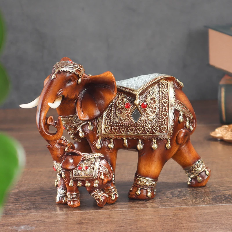 Wood Grain Mother and Child Elephant Statue, Southeast Asian Style Home Decor, Bedroom, Living Room, Study Desk Decoration