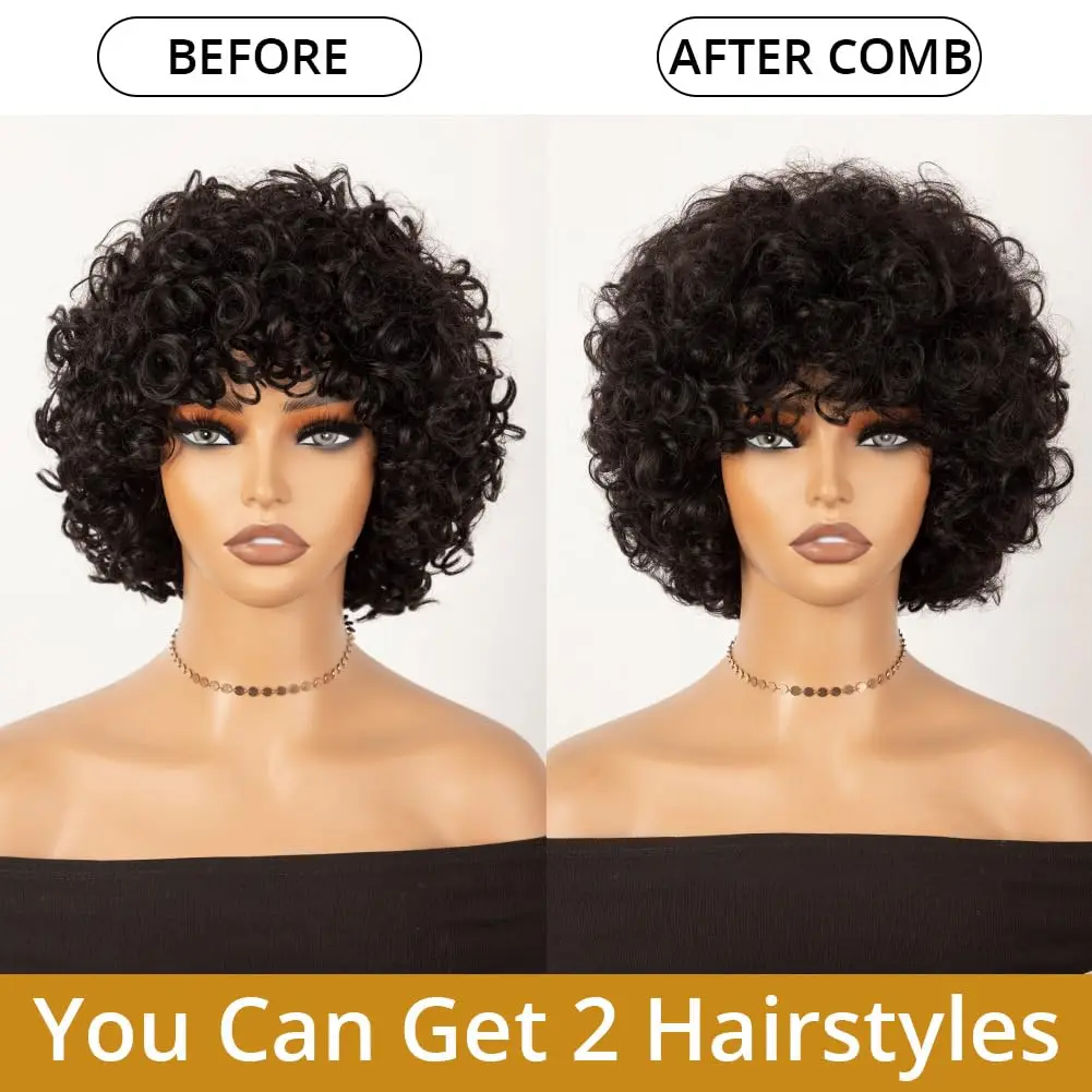 Pixie Cut Highlight Kinky Curly Short Bob Wigs Human Hair For Black Women With Bangs Glueless Blonde Highlight Wig Afro  Wig