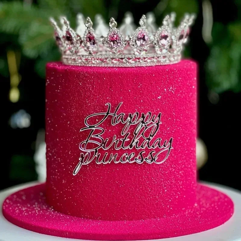 Red Pink Silver Gold Crystal Crown Cake Topper for Gril Birthday Party Cake Decorations