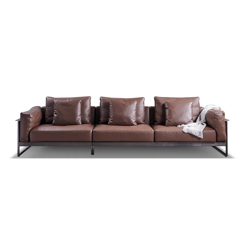 

Italian minimalist light luxury straight row sofa first layer cowhide Nordic simple three seats