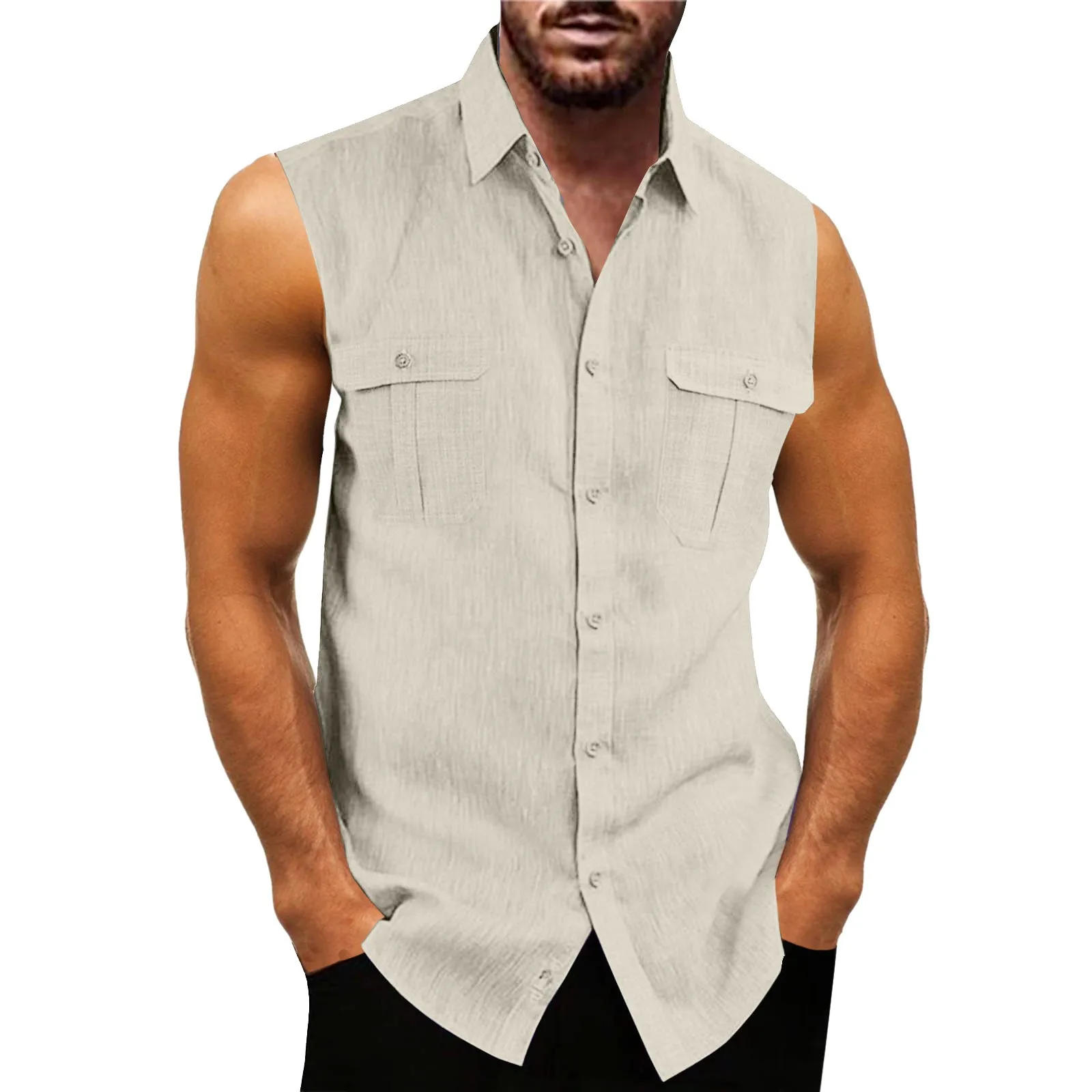 Top Summer Shirt Homens Tank Top Turn Down Collar Camisas sem mangas Bolso Imitação de Linho Slim Fit Camisa Para Homens Verão Streetwear