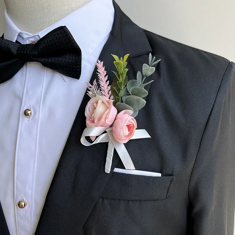 Pink Groom Boutonniere Wedding Accessories Corsage Pins Brooch Flowers Artificial Roses Groomsman Buttonhole Flower Prom Decor