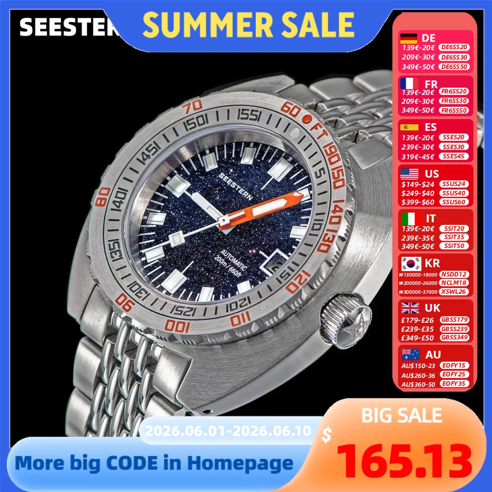SEESTERN Watch SUB300T Diver Automatic Man Mechanical Sapphire Glass Luminous Date Waterproof 200 Turn Bracelet Wristwatch Retro