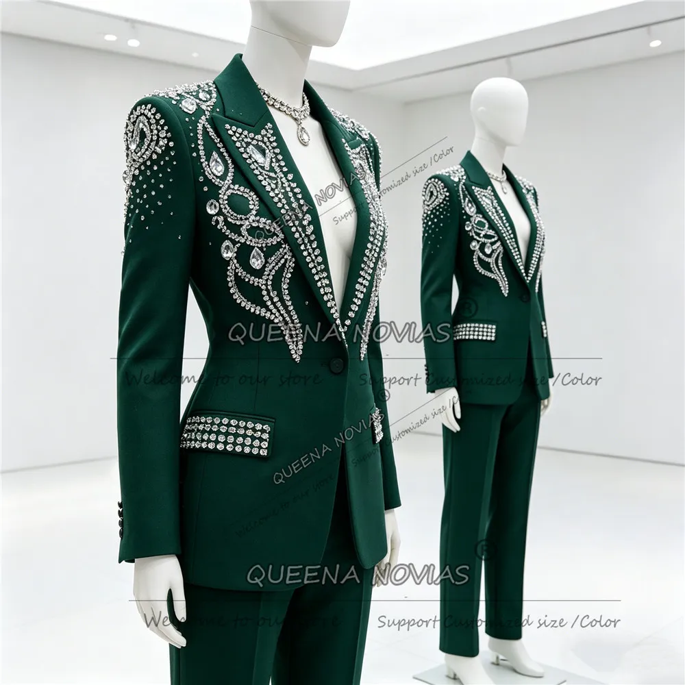 Luxury Rhinestone Beaded Suit Women 2 Piece Sets Single Breasted Prom Blazer Pants Customized Lady Business Tuxedo Female Outfit