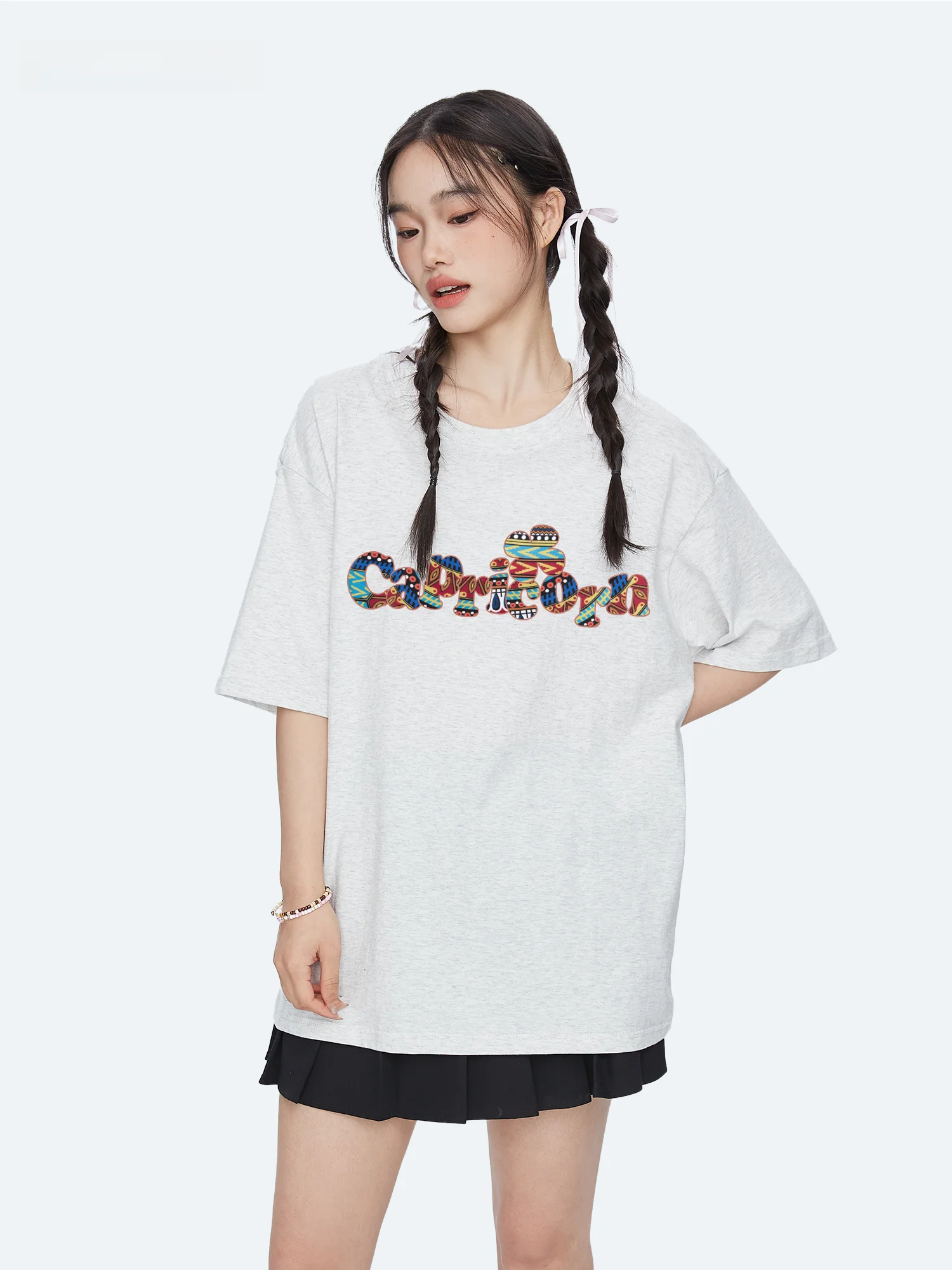Capricorn American Four-leaf Clover Letter Pure Cotton Short Sleeve Women's Casual Versatile Trendy Loose Half Sleeve Top