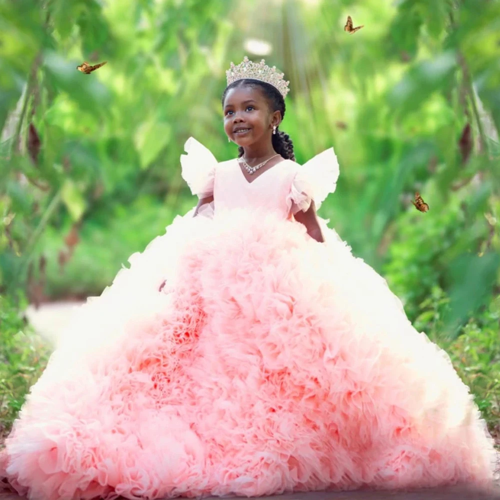 

Pink Girl Dress Tiered Fluffy Tulle Princess Custom Made Kids Prom Dress Puffy Ruffles Birthday Party Evening Gowns PhotoShoot