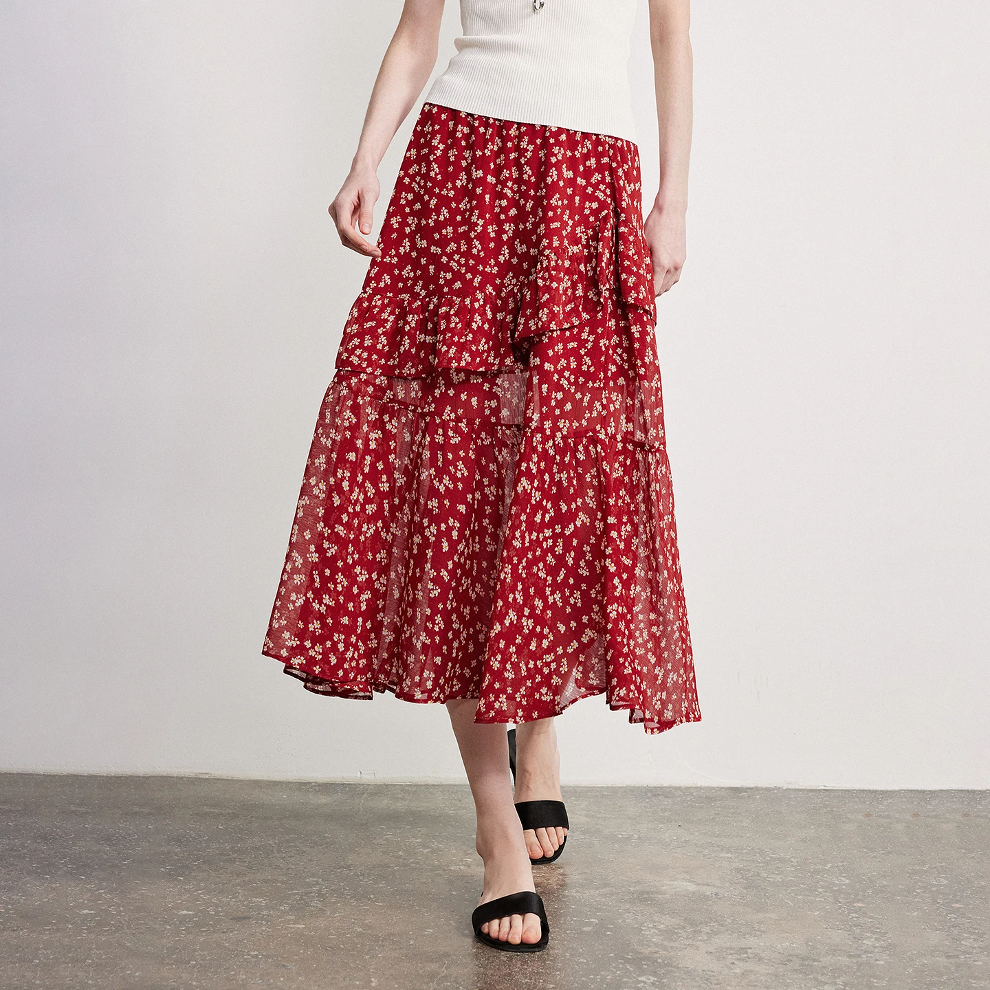 TOYOUTH Women Chiffon Skirt 2026 Spring New Country Style Light and Flowing Floral Print Layered Ruffled Skirt