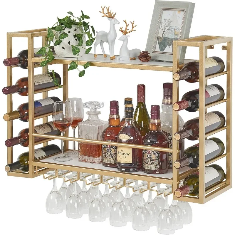 

Wall Mounted Wine Rack with Glass Holder, Metal Bottle Holder Wine Storage Display Shelf for Home Bar Dining Room