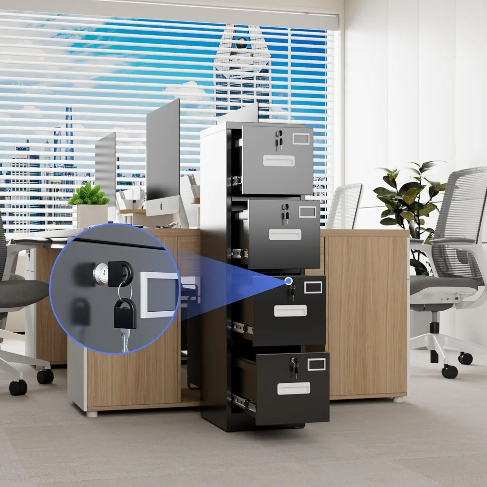 خزانة ملفات ذات 4 أدراج، خزائن ملفات معدنية عمودية سوداء مع أقفال حامل بطاقة الاسم للمكتب المنزلي، تتطلب التجميع