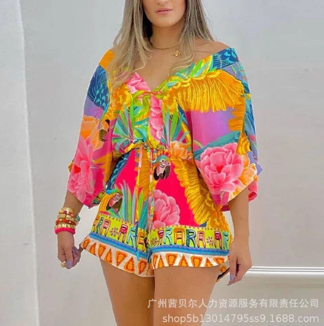 

Women's Jumpsuit 2024 Fashion Casual Print V-Neck Jumpsuit Three-Quarter Sleeve Tie Up Waist Loose Casual Playsuits